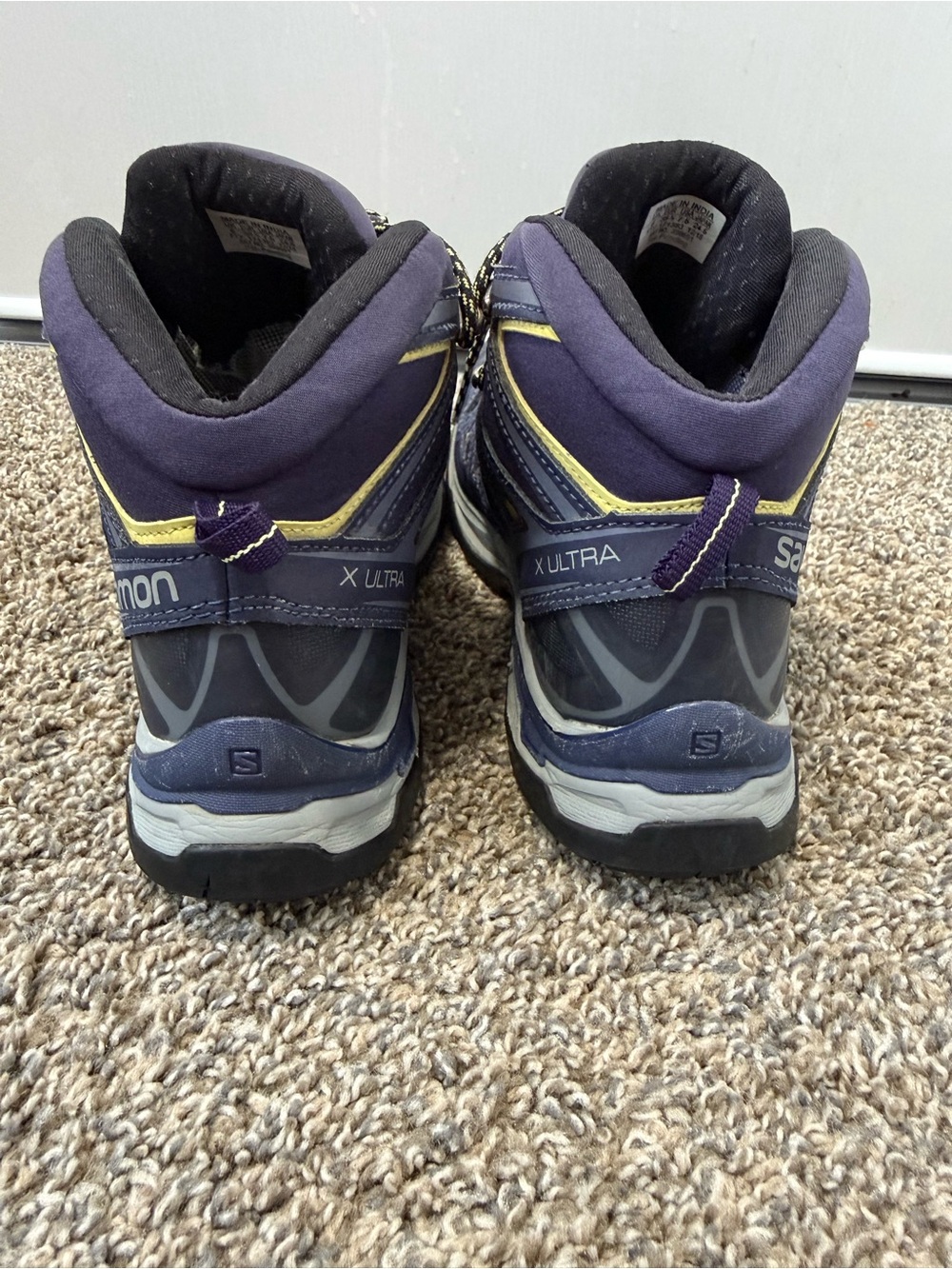 Salomon Purple and Black Trail Hiking Boots with Yellow Accents - Picture 4 of 6